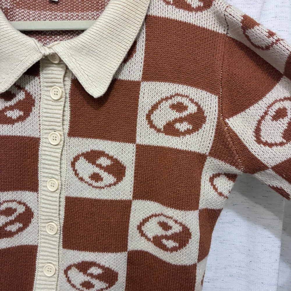 Earthbound Yin Yang Checkered Crop Cardigan Sweater Rust Cream Large Hippie Boho